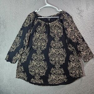 Lucky Brand Tunic Top Blouse Women‎ 1X Paisley Geometric Stretch Beige Black